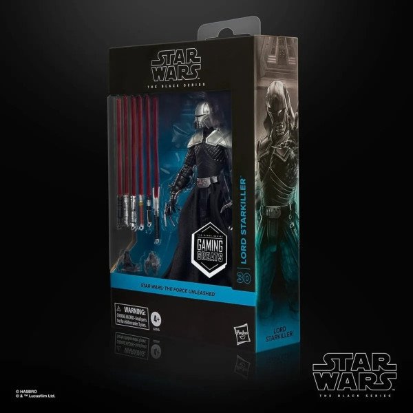 Boîte trois quarts de la figurine Lord Starkiller Black Series avec artwork latéral et sabres rouges