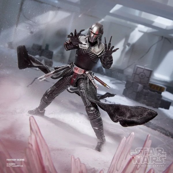 Figurine Lord Starkiller Black Series utilisant la Force dans un décor glacé, cape flottante