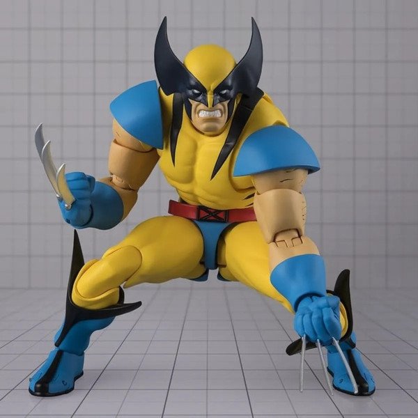 Figurine Marvel Wolverine Gamerverse S.H.Figuarts Bandai accroupie de face, prête à bondir avec griffes sorties