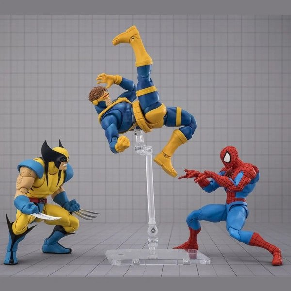 Figurine Marvel Wolverine Gamerverse S.H.Figuarts Bandai en scène de combat avec Spider-Man et Cyclops