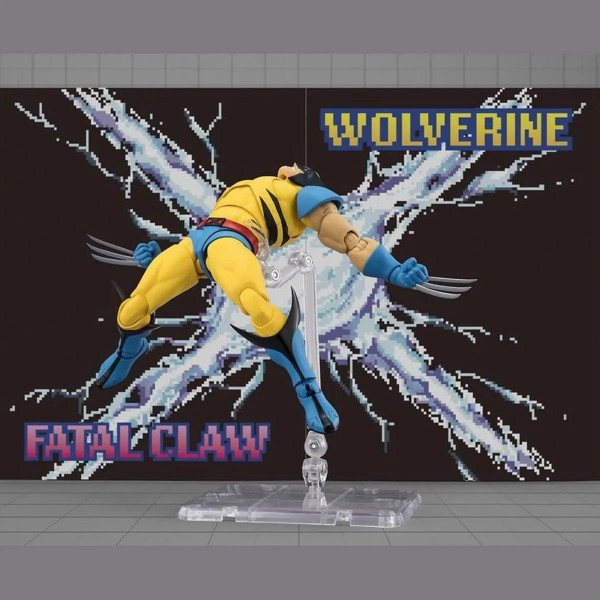 Figurine Marvel Wolverine Gamerverse S.H.Figuarts Bandai vue de dos sur support transparent devant visuel Fatal Claw