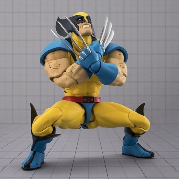 Figurine Marvel Wolverine Gamerverse S.H.Figuarts Bandai en pose de garde de face, griffes croisées devant le torse