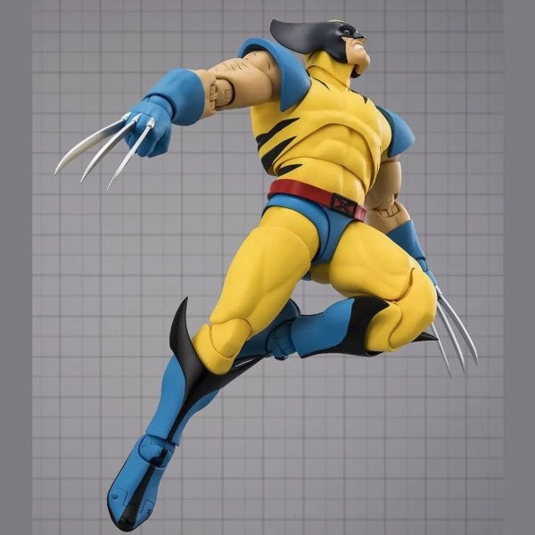 Figurine Marvel Wolverine Gamerverse S.H.Figuarts Bandai en saut vue de profil, bras ouverts et griffes sorties