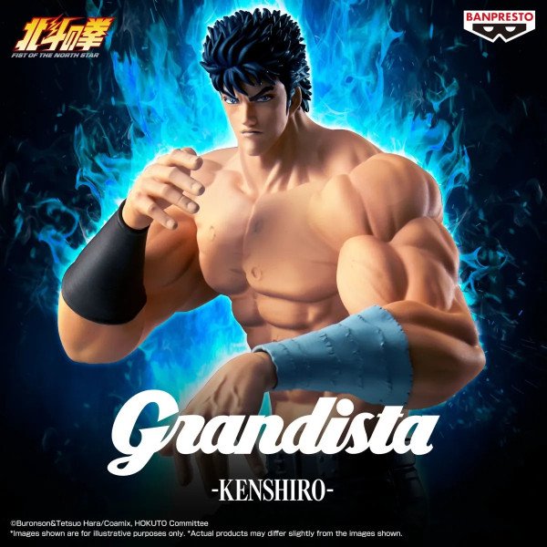 Visuel promotionnel de la figurine Kenshiro Grandista Banpresto avec gros plan sur le visage et l’aura bleue de Hokuto no Ken