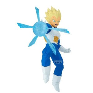Figurine Vegeta Super Saiyan G x Materia Banpresto vue de face, en pleine attaque d’énergie avec effet bleu translucide 2