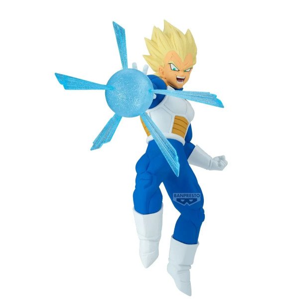 Figurine Vegeta Super Saiyan G x Materia Banpresto vue trois quarts face gauche, bras tendu avec sphère d’énergie bleue