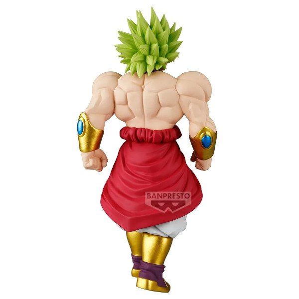 Figurine Broly Solid Edge Works Banpresto vue de dos, dos musclé et chevelure verte volumineuse avec cape rouge nouée