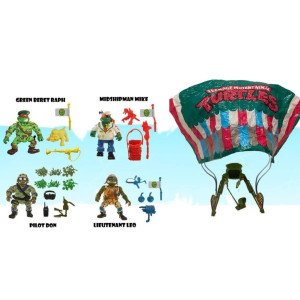 Pack de 4 figurines Tortues Ninja Classic Sewer Heroes avec parachute et accessoires, vue d’ensemble face
