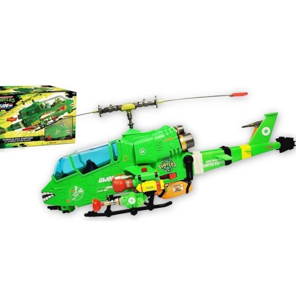 Véhicule Turtle-Fly Copter Tortues Ninja x G.I. Joe en vue de profil avec boîte produit en vignette