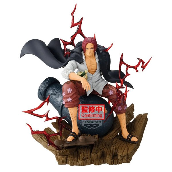 Figurine Shanks Theorama Soul Banpresto assis sur un canon, entouré d'éclairs rouges haki, vue de face