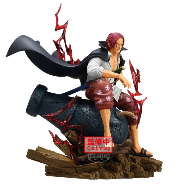 Figurine Shanks Theorama Soul Banpresto en vue de profil gauche, assis sur un canon avec cape au vent