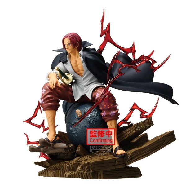 Figurine Shanks Theorama Soul Banpresto en vue trois quarts droite, assis sur canon avec effets rouges haki
