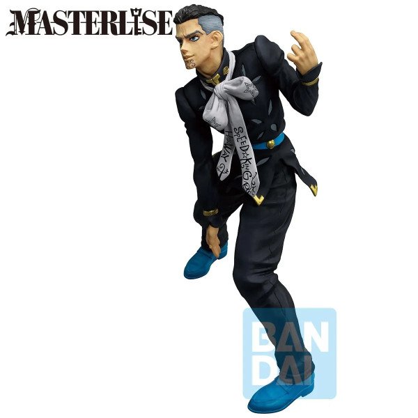 Figurine Yuya Fungami Ichibansho Stand Rush en vue plongeante, costume noir, foulard blanc et chaussures bleues.