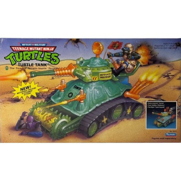 Boîte du véhicule Turtle Tank Tortues Ninja, illustration du tank vert avec chenilles et armes orange.