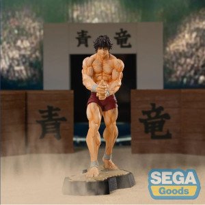 Statuette Baki Hanma Luminasta SEGA de face, torse musclé, short rouge et socle dojo. 2