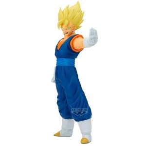 Figurine Vegito Grandista Banpresto de face, cheveux Super Saiyan, tenue bleue et main tendue.