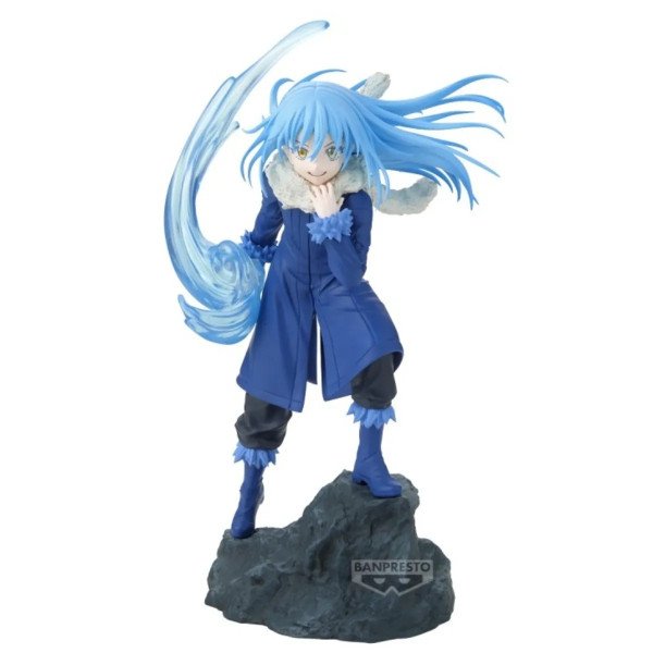 Figurine Rimuru Tempest Espresto Threefold Union de face, manteau bleu, effet d’eau et socle rocheux.