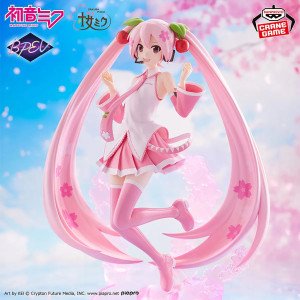 Figurine Sakura Miku sur fond blanc avec couettes roses, accessoires cerise et pose joyeuse. 2