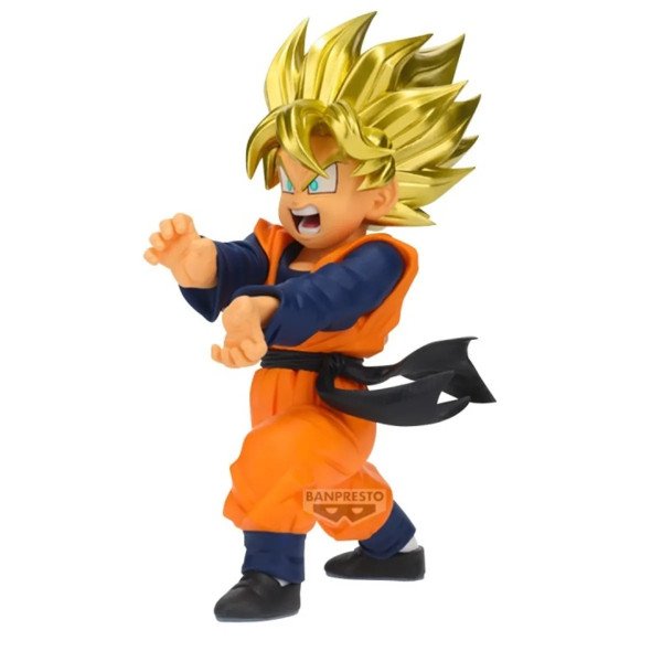 Figurine Son Goten Super Saiyan Banpresto, cheveux dorés et posture de Kamehameha sur fond blanc.