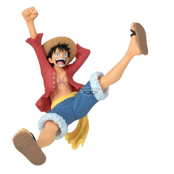 Figurine Monkey D. Luffy Romance Dawn Vol.2 en pose sautée, chapeau de paille et grand sourire.