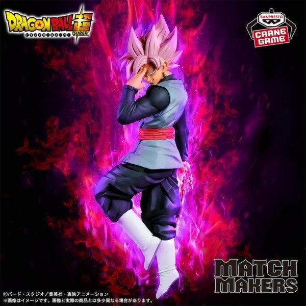 Figurine Goku Black Rosé Match Makers devant une aura violette, main sur le visage et pose flottante.