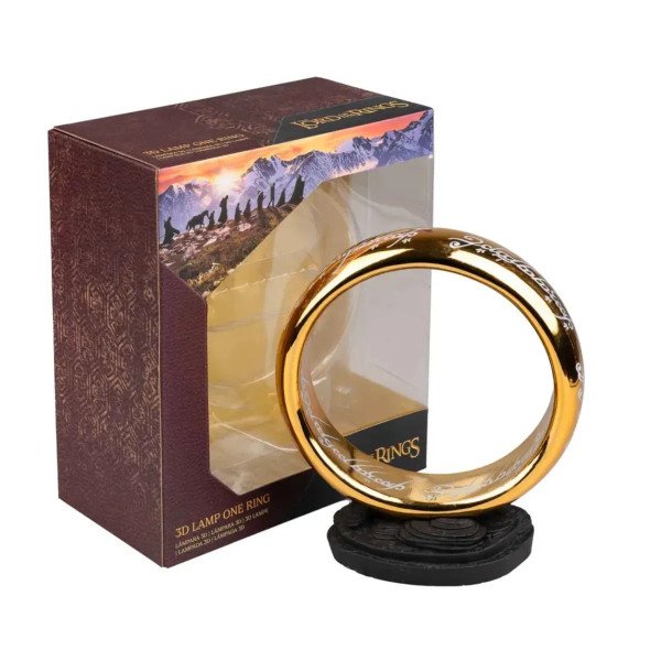 Lampe 3D One Ring Le Seigneur des Anneaux avec anneau doré lumineux et boîte illustrée.