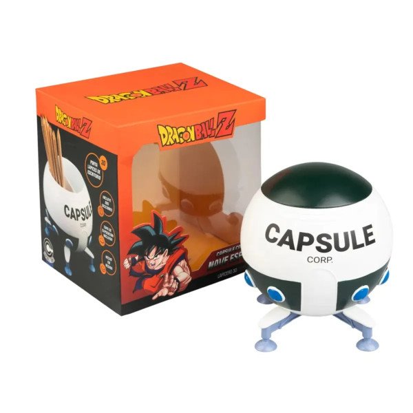 Pot à crayons Dragon Ball Z Capsule Corp avec sa boîte, présenté fermé à côté du packaging.