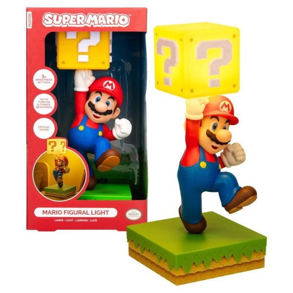 Lampe diorama Super Mario avec Mario tenant un bloc ?, présentée avec sa boîte sur fond clair.