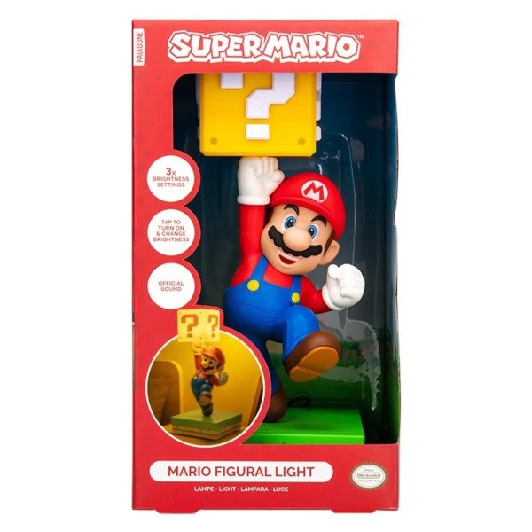 Boîte face avant de la lampe diorama Super Mario avec figurine Mario et bloc ? lumineux.