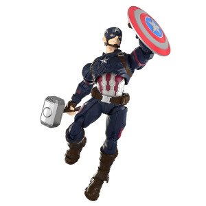 Figurine Captain America Blokees avec bouclier levé et marteau, pose dynamique sur fond blanc.