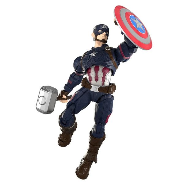 Figurine Captain America Blokees avec bouclier levé et marteau, pose dynamique sur fond blanc.