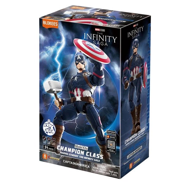 Boîte Blokees Captain America Champion Class Infinity Saga avec visuel du héros et accessoires.
