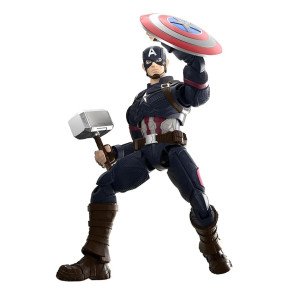 Figurine Captain America Blokees avec bouclier levé et marteau, pose dynamique sur fond blanc. 2
