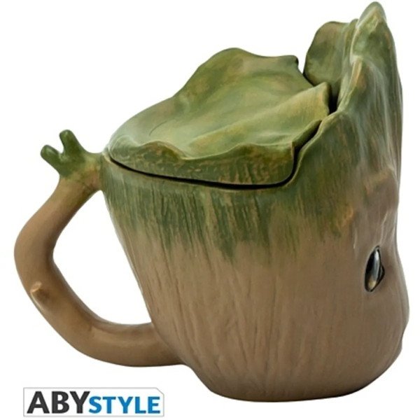 Mug 3D Groot Marvel 300 ml par ABYstyle, vue de profil avec poignée branche et relief effet bois.