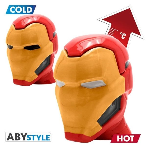 Mug 3D Iron Man Marvel 300 ml par ABYstyle, visuel comparatif chaud et froid du casque.