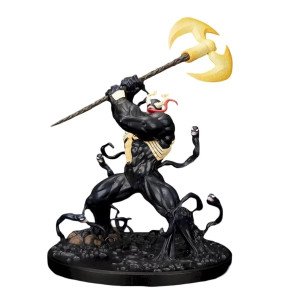 Figurine Venom King in Black Luminasta de Sega, vue complète sur fond clair avec socle noir et hache dorée.