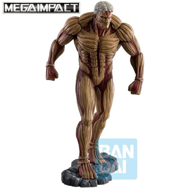 Figurine Armored Titan Attack on Titan Ichibansho, vue de face avec musculature blindée et socle rocheux.
