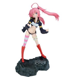 Figurine Milim Nava Espresto Banpresto de face avec cheveux roses, bottes rouges et socle rocheux.