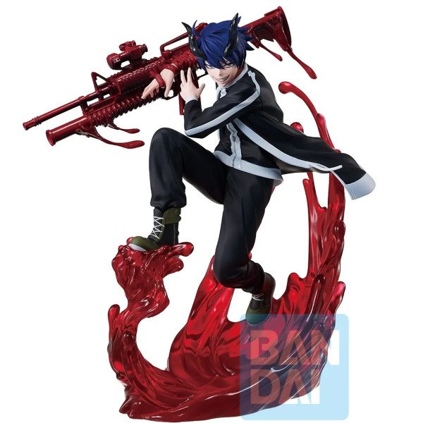 Figurine Shiki Ichinose Ichibansho Banpresto de face avec cornes noires, fusil rouge et effet démoniaque rouge.