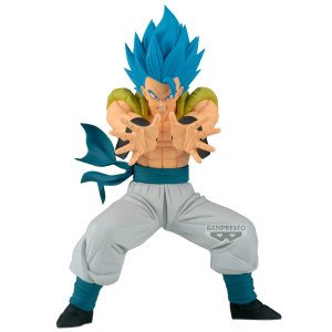 Figurine Gogeta Super Saiyan Blue Grandista Banpresto vue de face, jambes écartées et mains projetées vers l’avant.