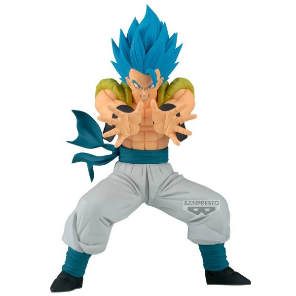 Figurine Gogeta Super Saiyan Blue Grandista Banpresto vue de face, jambes écartées et mains projetées vers l’avant.