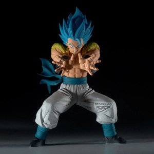 Figurine Gogeta Super Saiyan Blue Grandista Banpresto vue de face, jambes écartées et mains projetées vers l’avant. 2
