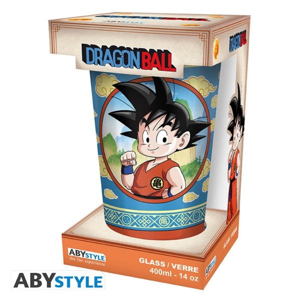 Verre XXL Dragon Ball ABYstyle 400 ml avec Goku enfant et packaging officiel illustré.