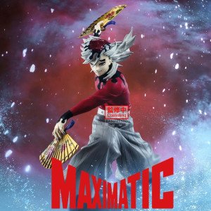 Figurine Doma Maximatic Demon Slayer par Banpresto, vue de profil avec kimono gris et éventail doré. 2