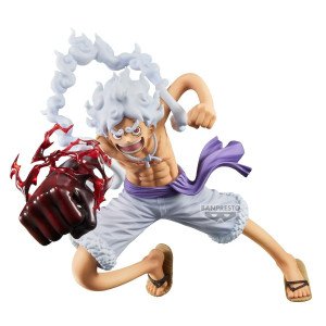 Figurine Luffy Gear 5 Grandista Special Edition, poing noir et effets rouges en pleine attaque.