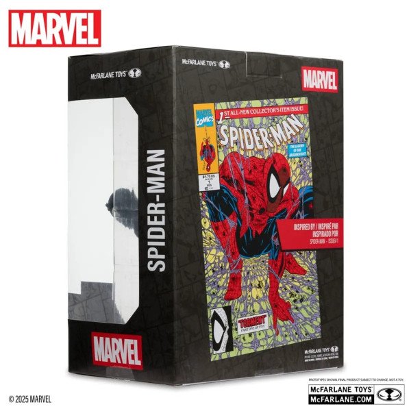Boîte collector Spider-Man Black Suit Chase McFarlane Toys avec visuel inspiré du comic Spider-Man #1.