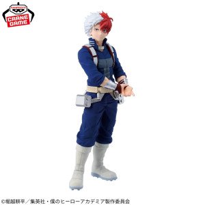 Figurine Shoto Todoroki My Hero Academia Banpresto, vue de profil avec cheveux rouges et blancs.