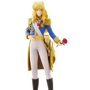 Figurine Oscar François de Jarjayes Pop Up Parade en uniforme bleu avec rose rouge à la main.