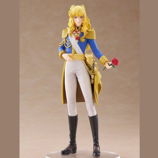 Figurine Oscar François de Jarjayes The Rose of Versailles sur socle transparent, rose rouge en main.