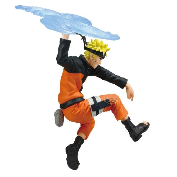 Vue de profil de Naruto Uzumaki avec Rasenshuriken bleu, jambe levée et bandeau ninja.